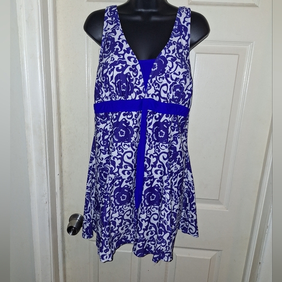 Blue and White Asymmetrical Tie Front Sleeveless Swim One Piece - Picture 1 of 6